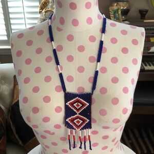 Vintage Native American Beaded Necklace with Diamond Shapes on Pendant